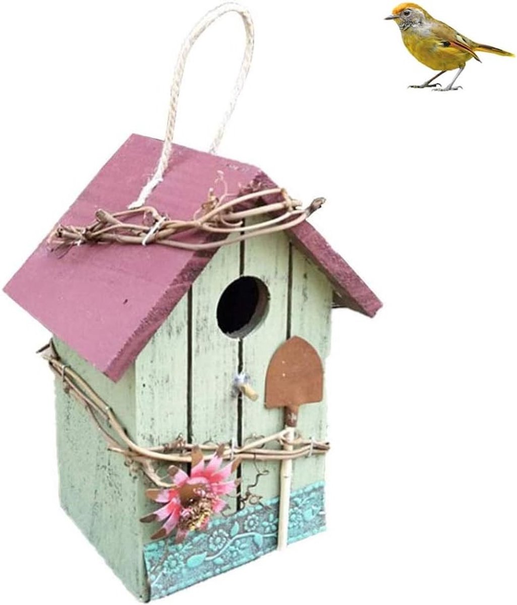 Allecto Plus - Hangend Vogelhuisje - Tuindecoratie met Metaaldak en Touw (Rood) voor Buiten