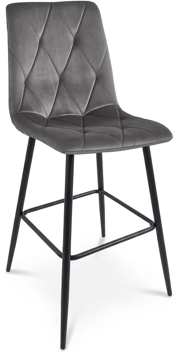 LEOBERT Barkruk LIBRA - Donkergrijs fluweel - Zwarte metalen poten - Modern design Grijs/Zwart