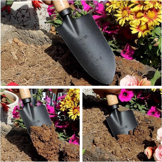 Dailygoods - Tuingereedschapsset, 3 stuks, premium tuingereedschapsset, houten handvat, handheld tuinschep, kleine smalle schep, hark, tuinset, tuingereedschap voor bonsai, gereedschap, planten, potbloemen van Dailygoods — afbeelding 4