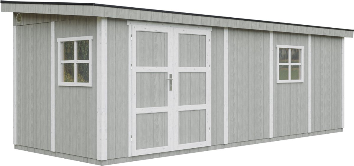 Timbela M941-TUNDRA GREY - LP SmartSide Tuinhuis op houtbasis - 14,3 m² - 648x248xH231 cm - met vloer en verf