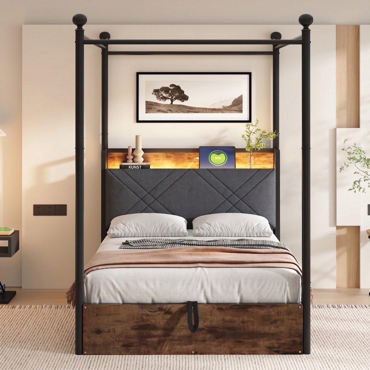 VVBV Bed 90x190 / Opbergbed – met Hydraulische Opbergruimte, Opbergruimte, LED-Verlichting, USB, USB-C – Tienerbed – Metaal – Zwart Black