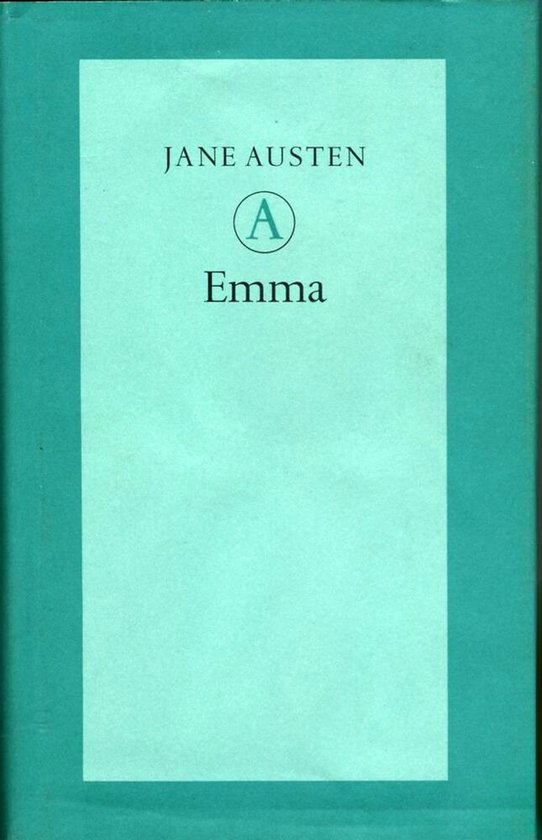 Boek kaft 'Emma' van Jane Austen, met een lichtgroene achtergrond en witte rechthoek.