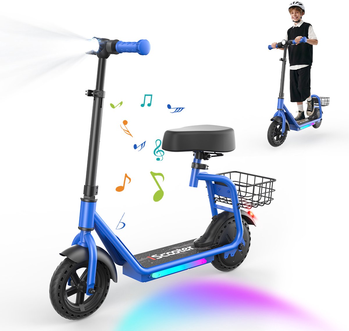 iScooter iK7 Elektrische Step Kinderen - 2‑in‑1 - 8 tot 14 jaar - App - Bluetooth muziek - RGB verlichting - 250W - 10/15/20 km/u - Bereik 15 km - 8,5" Wielen - Blauw