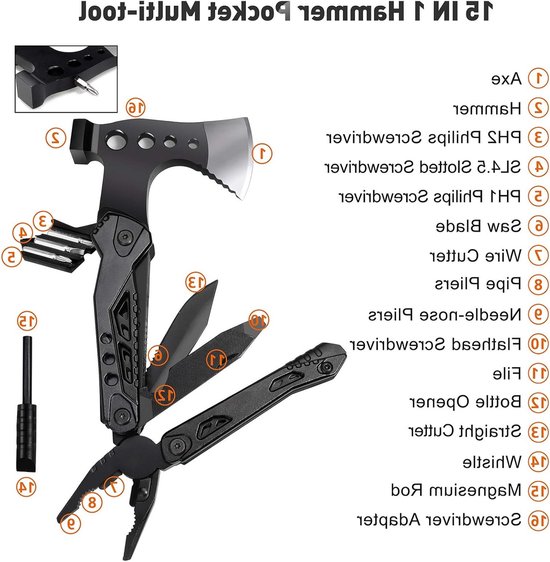 Multifunctionele 16-in-1 Bijl met Hamer, Schroevendraaier, Zaag en Flesopener voor Kamperen, Wandelen en Noodgevallen in de Buitenlucht van Merkloos	 — afbeelding 5