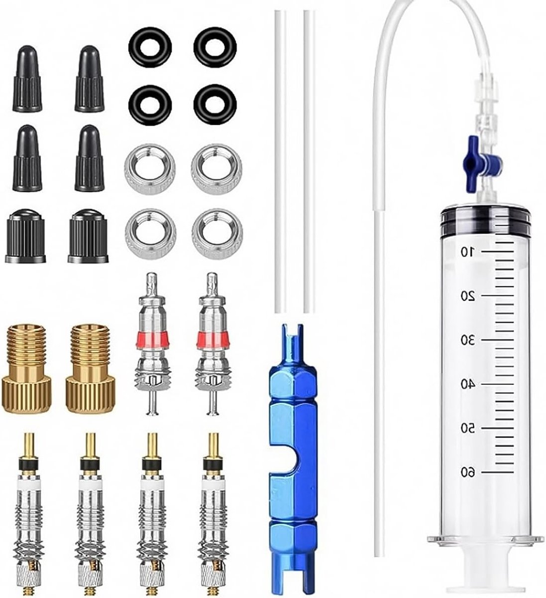 Tubeless Ventielset met Ventielkern Verwijder Tool en Fietsband Reparatievloeistof 60ml - Pack van 26 voor Snelle Fietsbandreparatie en Onderhoud