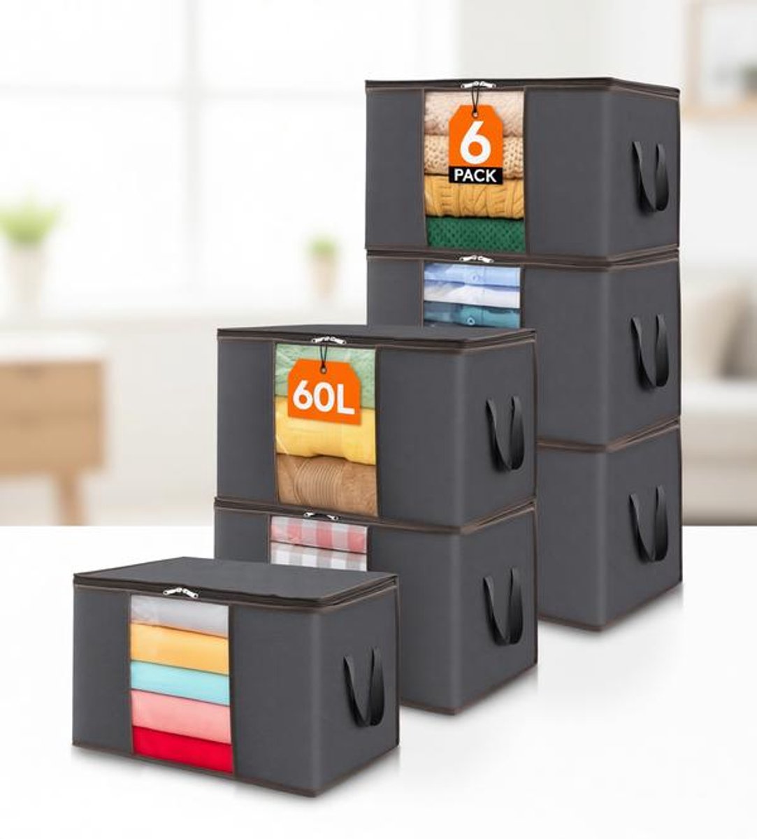 ElleMooi 6-pack Opbergtas voor Kleding, Opvouwbare Kledingopslag met Versterkt Handvat, Stevige Ritssluiting en Kijkvenster, 60L, Grijs