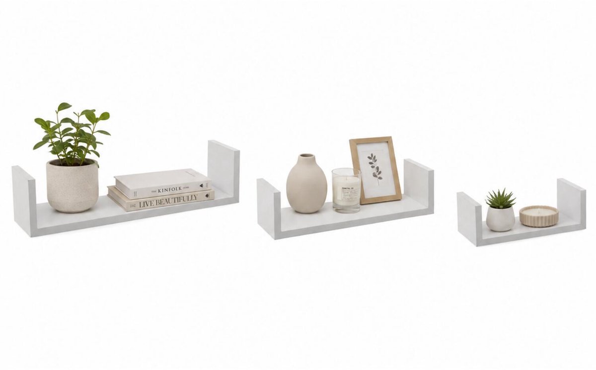 5five Zwevende wandplanken Fixy - set in 3x maten lengte 22/32/42 cm - wit - hout - boekenplanken - muurplanken - opbergplanken - hangplanken