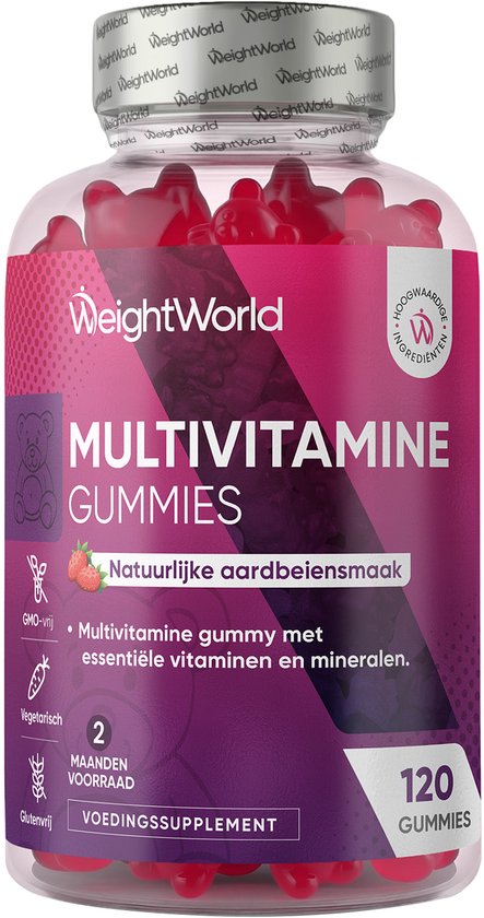 WeightWorld Multivitamine gummies - 120 gummies - 13 Essentiële Vitamines & Mineralen - Multivitaminen Man & Vrouw - Natuurlijke Aardbeiensmaak