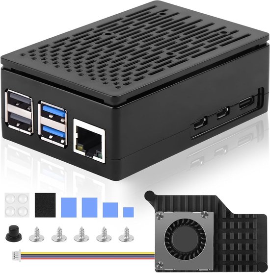 Raspberry Pi 5 Behuizing met Actieve Koeler, ABS Materiaal, Inclusief Koeltas voor 4GB en 8GB Modellen, Zwart