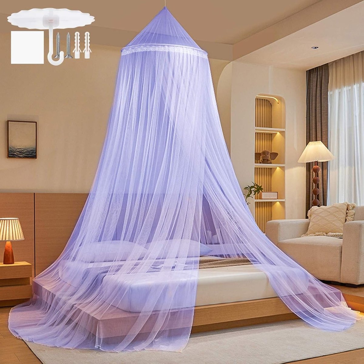 Dubbele en enkele bedden muggennet met koepel en ophangset - Paarse polyester fine mesh voor thuis en op reis, 60 x 250 cm