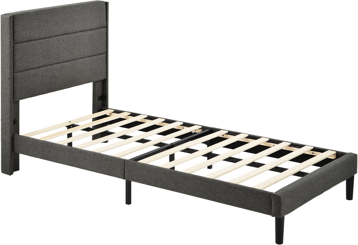 Donkergrijs keten houten eenpersoonsbed met matras voor slaapkamer en gastenkamer 209×96×111CM