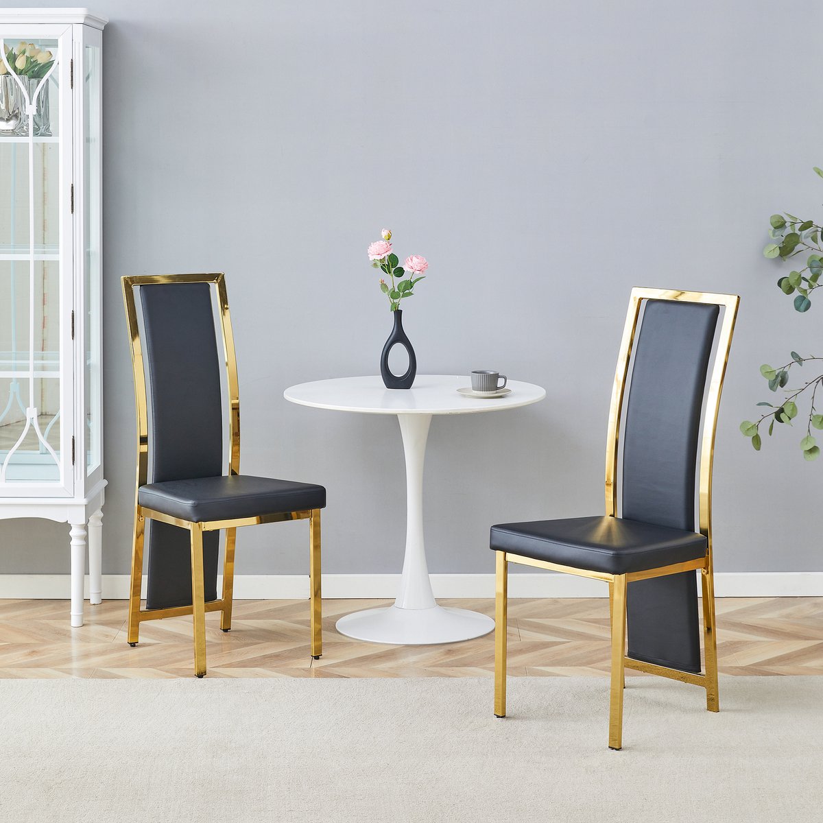 REDOM Eetkamerstoelen Set Van 2 - Hoge Rugleuning en Gestoffeerde Zitting - Minimalistisch - Eetkamer of Werkkamer - Metaal en PU - Zwart/Goud - 109 cm Zwart+Goud