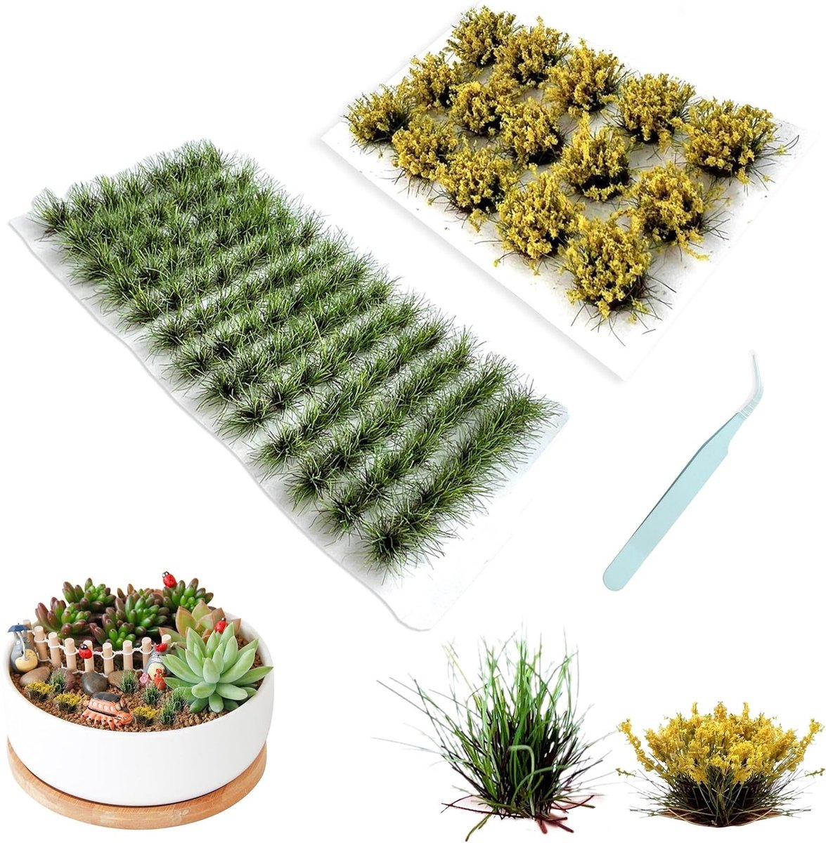 Natuurlijke Graspolletjes voor Modelbouw, 104 Stuks Kunstgras met 15 Miniatuur Bloemen voor Diorama's en Decoratie