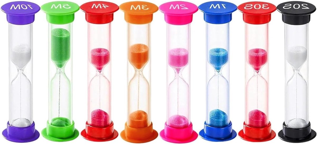 Set van 8 gekleurde zandlopers voor kinderen, ideaal als timer voor tandenpoetsen, leren en spelletjes, 20s tot 10m