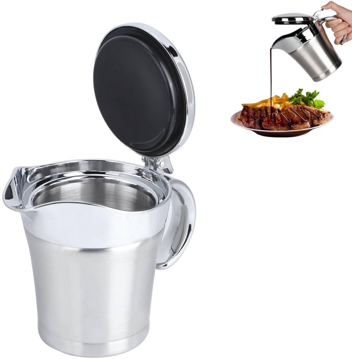 Dailygoods- Sauskom dubbelwandig - Geïsoleerde Sauskom - Gietkan - Scharnierend Deksel - 450 ml - Ergonomisch Ontwerp - Sauzenpan