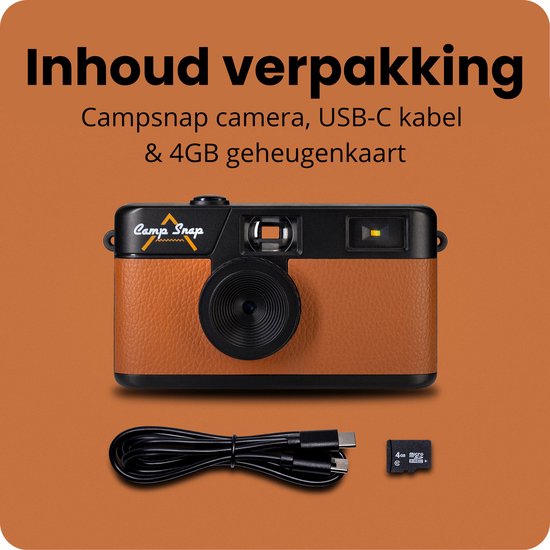 Camp Snap camera, USB-C kabel en 4GB geheugenkaart, met een bruine lederlook voorkant.