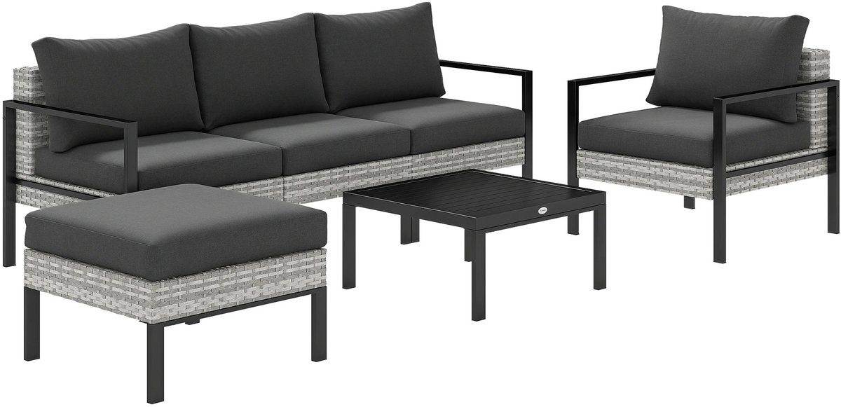 Modulaire Loungeset 6 Delig - Tuinset voor 5 Personen - Inclusief Fauteuils, Stoelen, Poef en Tafel - PE Rotan Look - Met Dikke Kussens - Lichtgrijs - Voor Tuin, Balkon en Terras
