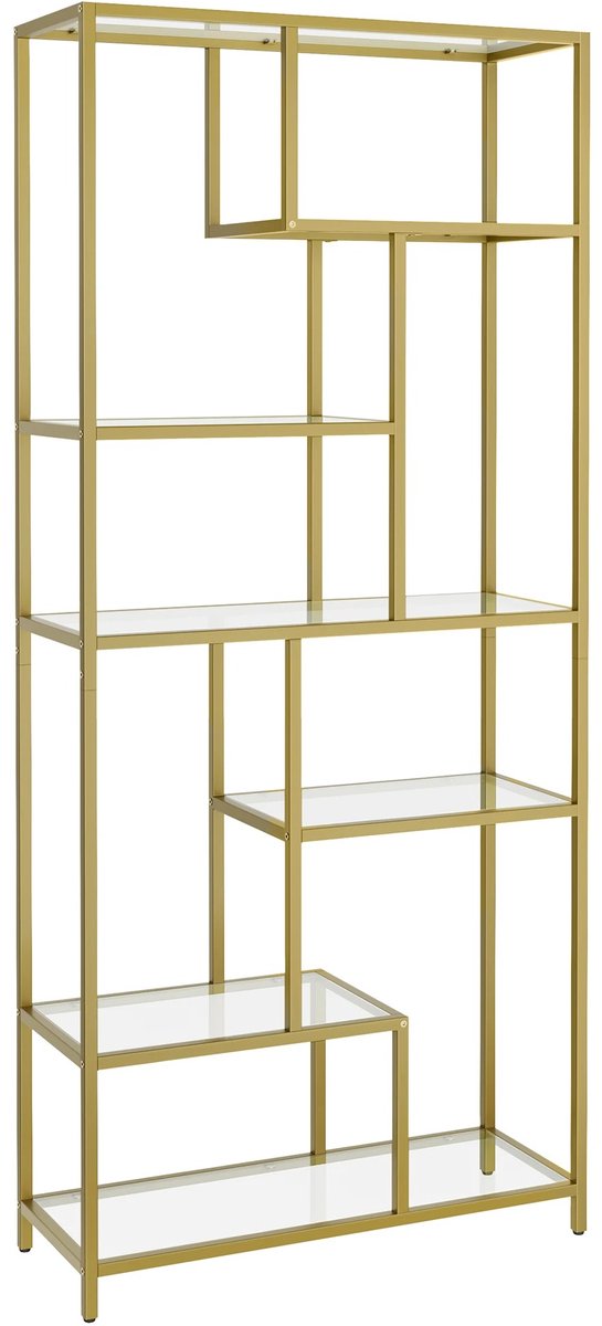 Brandistry - Open Boekenkast - Open Wandkast - Stellingkast - 6 Glazen Planken - Goud - 30x80x180 cm - Moderne Stijl - Woonkamer