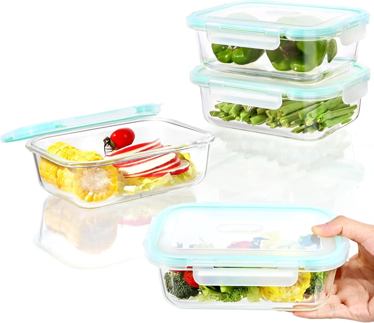 Vershouddozen Set - Glazen Bakjes - Voedsel Bewaren - Stoombestendig Ventiel - 4x 1040 ml 