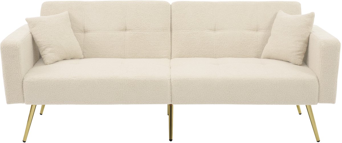 Zubaliya Slaapsofa met lamsvacht look - verstelbare rugleuning - 1-2 persoons - crème wit - gouden poten - zijvakken