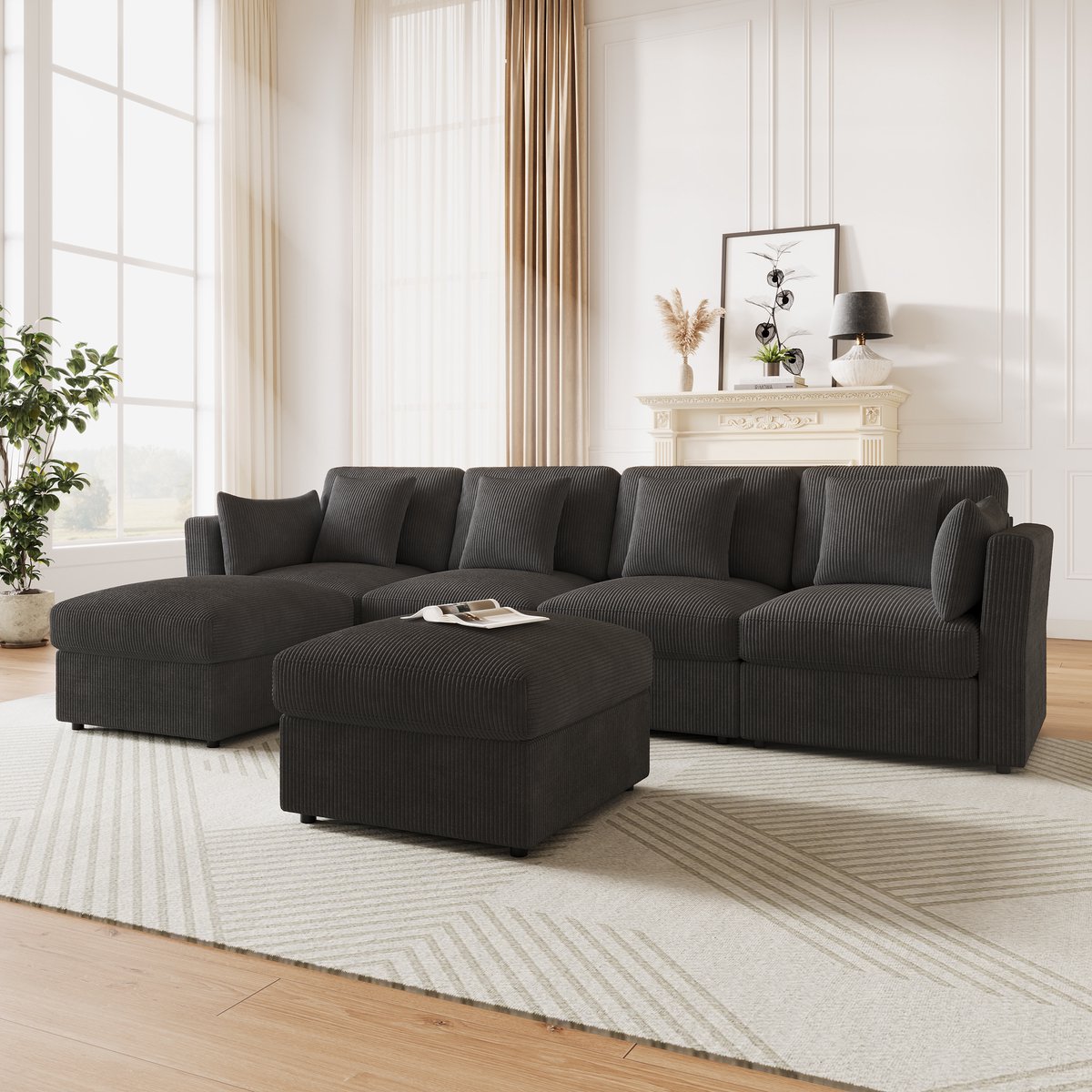 OKWISH U-Bank 290 x 159,5 cm - Modulaire Hoekbank Met Verstelbare Armleuningen & Hockers - Cord - Grijs
