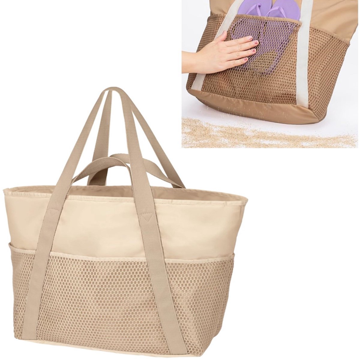 KZQ Strandtas waterdicht zandbestendig opvouwbaar voor dames met mesh ritsvakjes beige voor zwembad en dagelijks gebruik