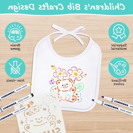 Baby Slabbetjes - Om te Beschilderen - Waterdicht - Inclusief 14 Textielstiften en 8 Tekensjablonen - 14 Stuks - 20 x 24 cm — afbeelding 4