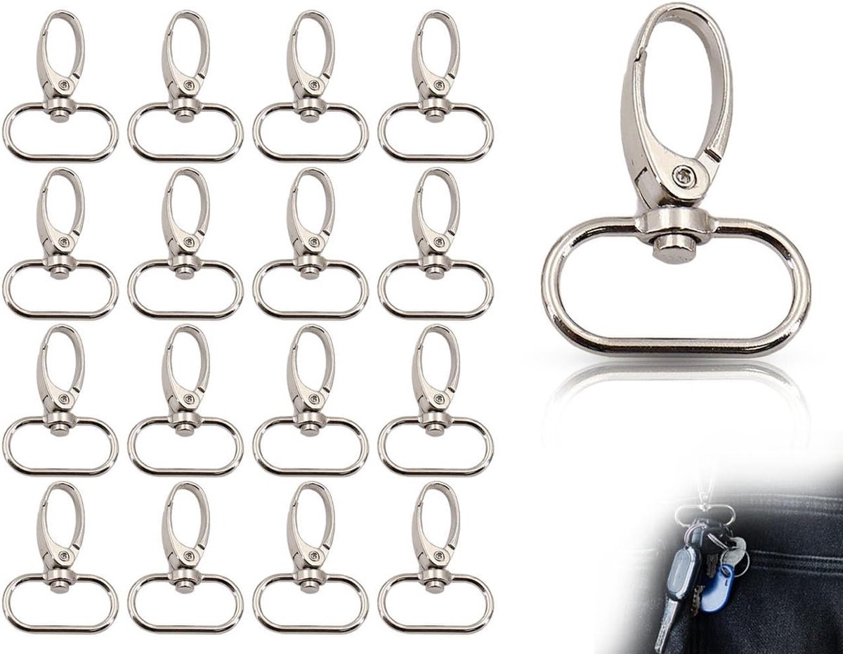 Pack van 16 D-ringen voor sleutelhangers, 360 graden draaiende karabiner, metalen haak voor ambachten en rugzakken, ideaal voor sleutelringen en tassen