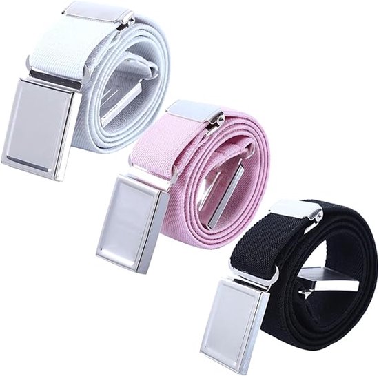 Drie opgerolde elastische riemen in het wit, roze en zwart, elk met een zilveren magnetische gesp.
