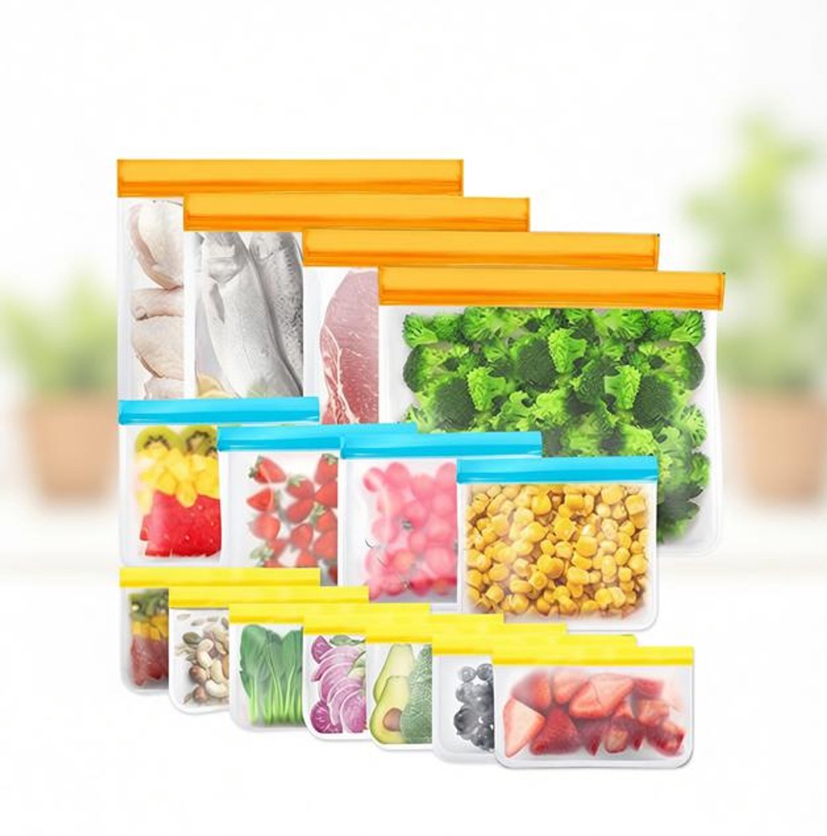 ElleMooi Set van 15 herbruikbare siliconen vrieszakken met ritssluiting - waterdicht, vaatwasserbestendig, BPA-vrij - 4x1500ml + 4x900ml + 7x300ml