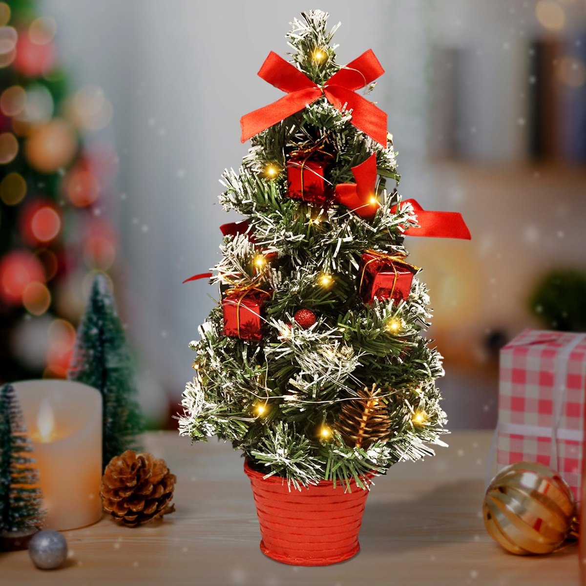 Dailygoods - Mini-kerstboom - Kleine kerstboom met verlichting - Kunstmatige tafelkerstboom - Rood - LED kerstboom - Perfect voor kerstdecoratie - Com...