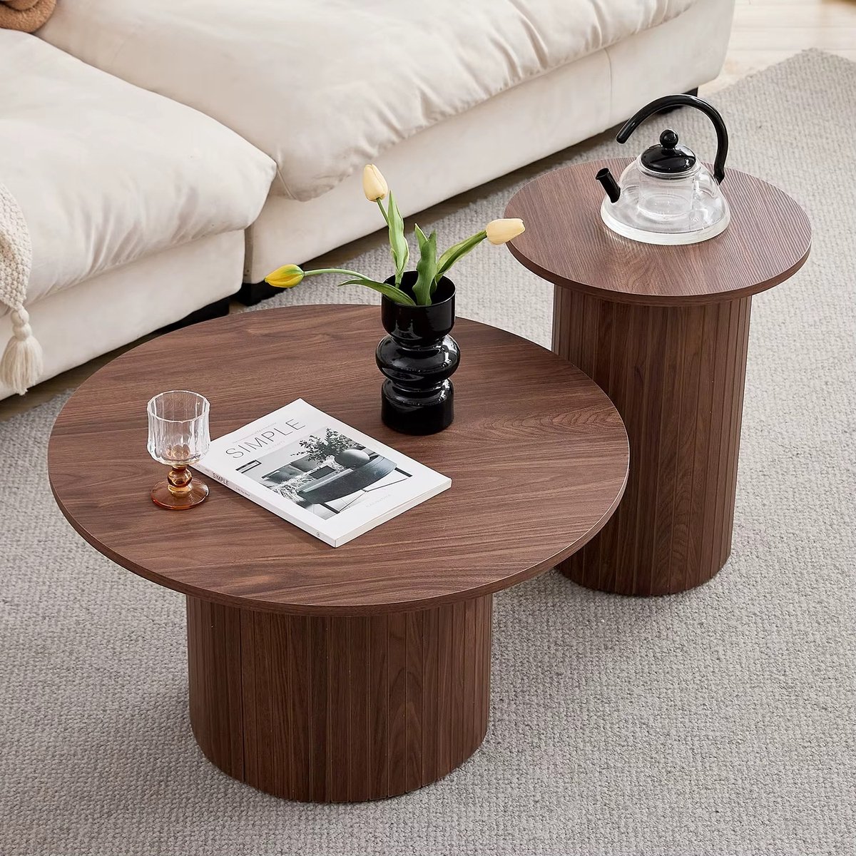 CreateEcom ronde salontafels - set van 2 - Scandinavische stijl - Japandi - bijzettafel - veelzijdige tafel- hout - bruin