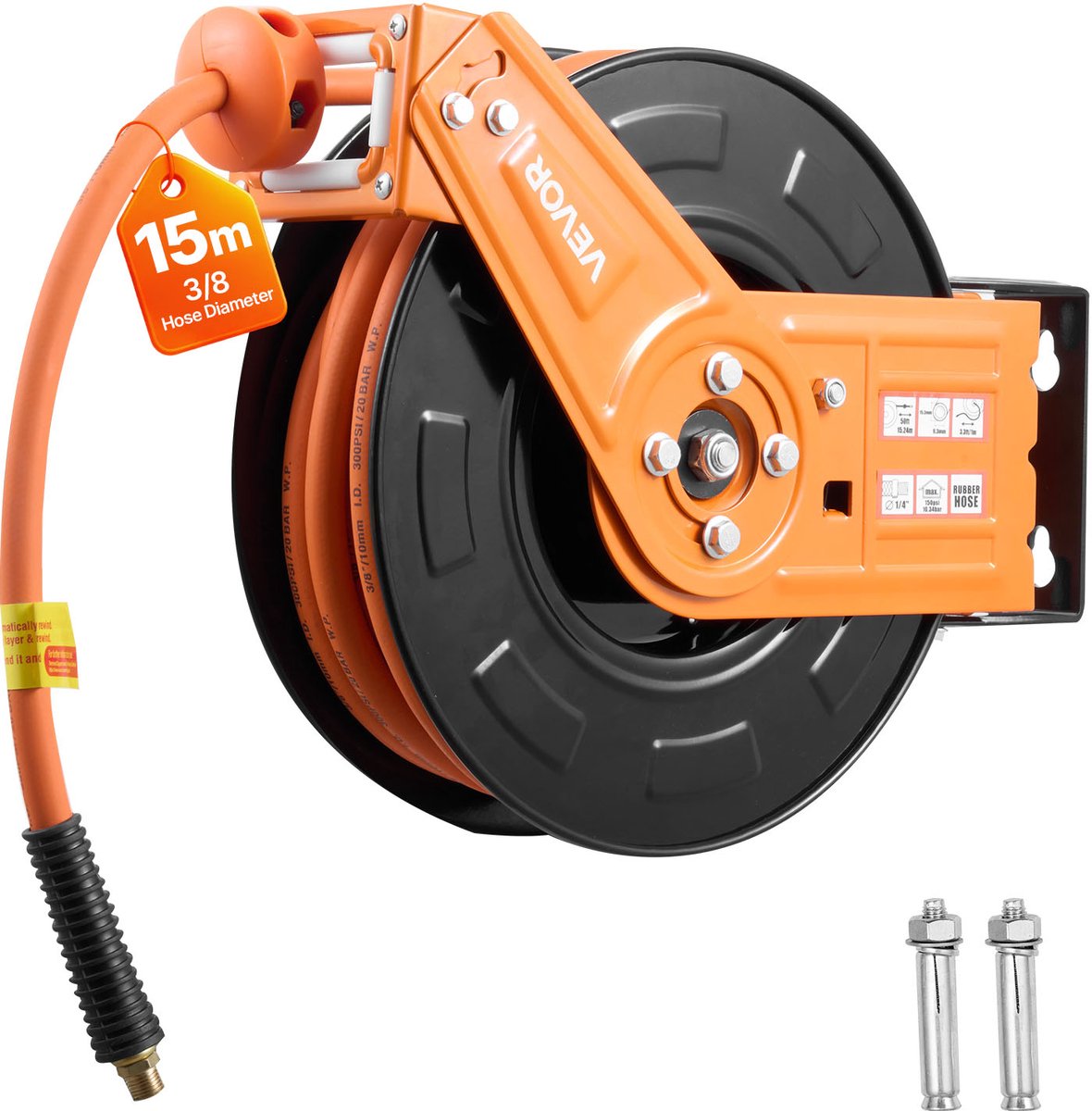 VEVOR Persluchtslanghaspel, Φ9,5 mm X 15 M Rubberen Slang, Slanghaspel Max. 20 Bar, Automatisch Oprolmechanisme met 1 M Voedingskabel, 180° Draaibare Plafond-/Wandbeugel