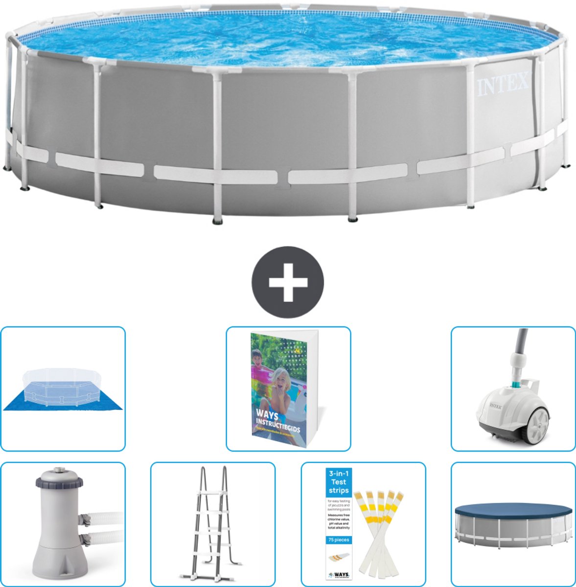 Intex Rond Prism Frame Zwembad - 457 x 122 cm - Grijs - Inclusief Pomp - Ladder - Grondzeil - Afdekzeil Stofzuiger - 8-delig