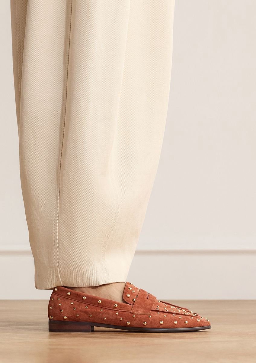 Manfield - Dames - Oranje suède loafers met studs - Maat 40