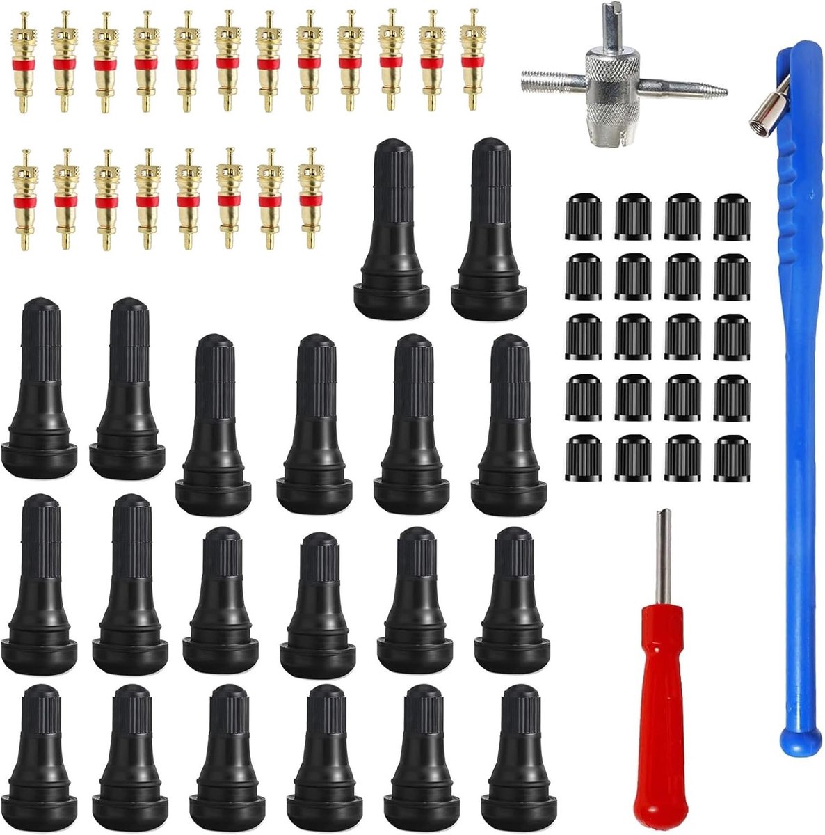 Pack van 63 Ventielverwijderaars en Reparatietools voor Banden met Ventielkernen en -doppen, 4-in-1 Set voor Bandenonderhoud en Reparatie