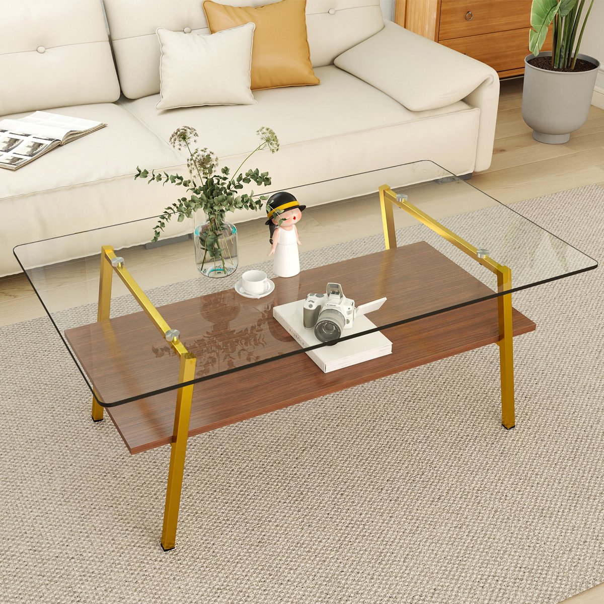 MODENUIT Salontafel - Rechthoekig Met Gehard Glas - Voor Woonkamer - MDF En Goudkleurig Metaal - 98x58x42,5 Cm Blush