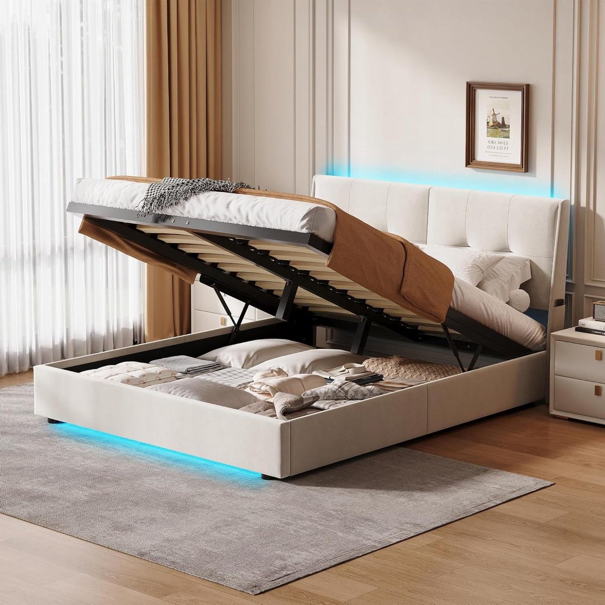 Bed met Lattenbodem - Tweepersoonsbed Gestoffeerd - Slaapkamer Inrichten - Geïntegreerde L