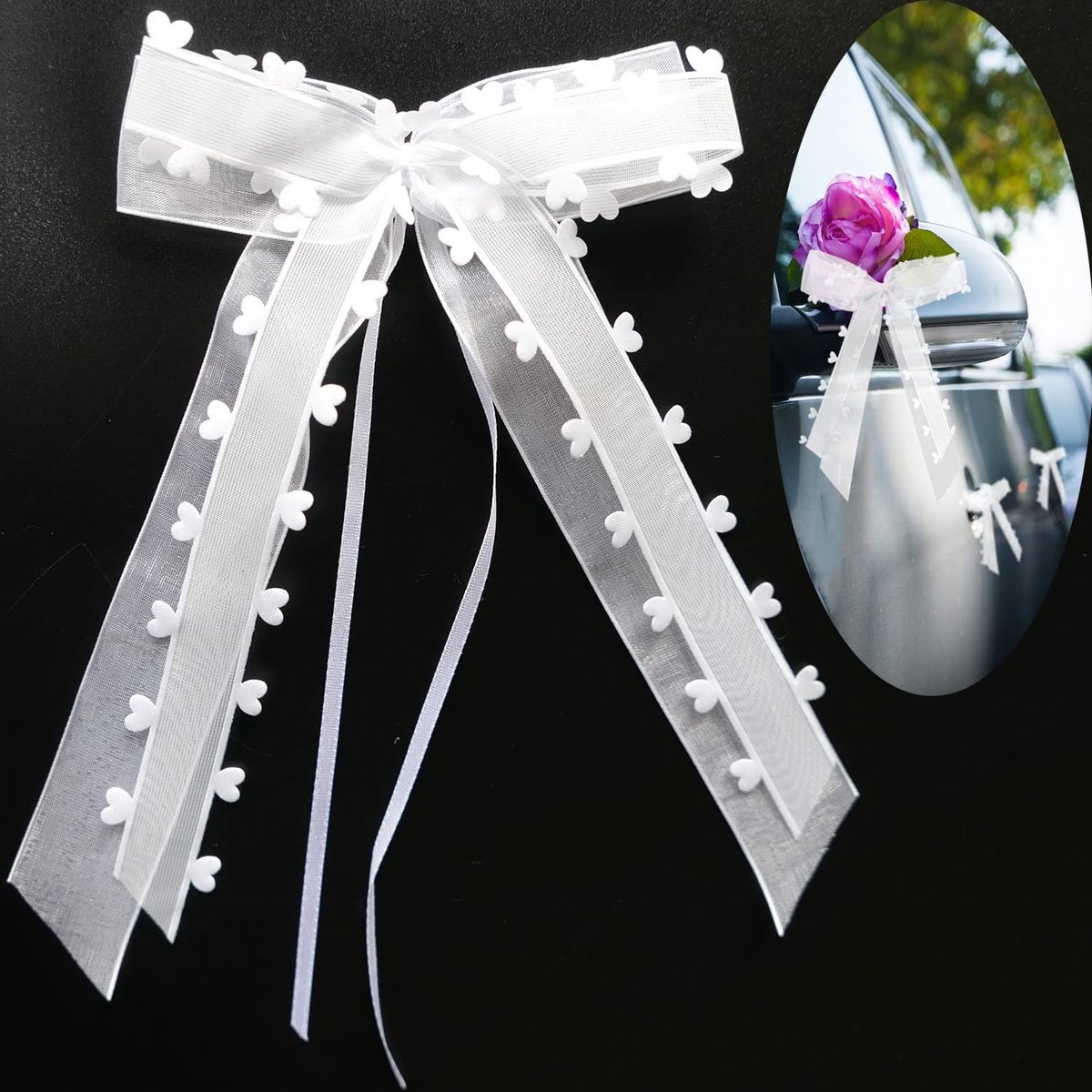 10 Stuks Witte Auto Bogen voor Trouwerij met Organza Harten - Handgemaakte Satin Ribbons