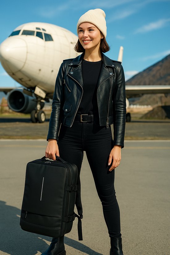 Vrouw met leren jas en muts, lachend met zwarte rugzak bij vliegtuig.