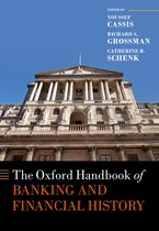 De voorkant van "The Oxford Handbook of Banking and Financial History", bewerkt door Youssef Cassis, Richard S. Grossman en Catherine R. Schenk, met een afbeelding van een groot gebouw in klassieke stijl.