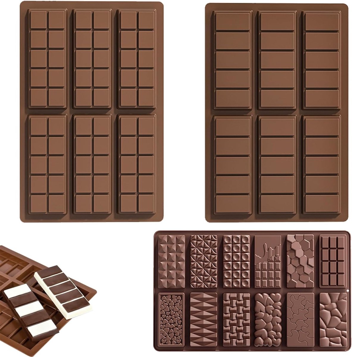 Set van 3 Flexibele Siliconen Chocolade Mallen - Herbruikbaar en Vaatwasserbestendig - Perfect voor Chocolade, Snoep, Truffels en Taartdecoratie