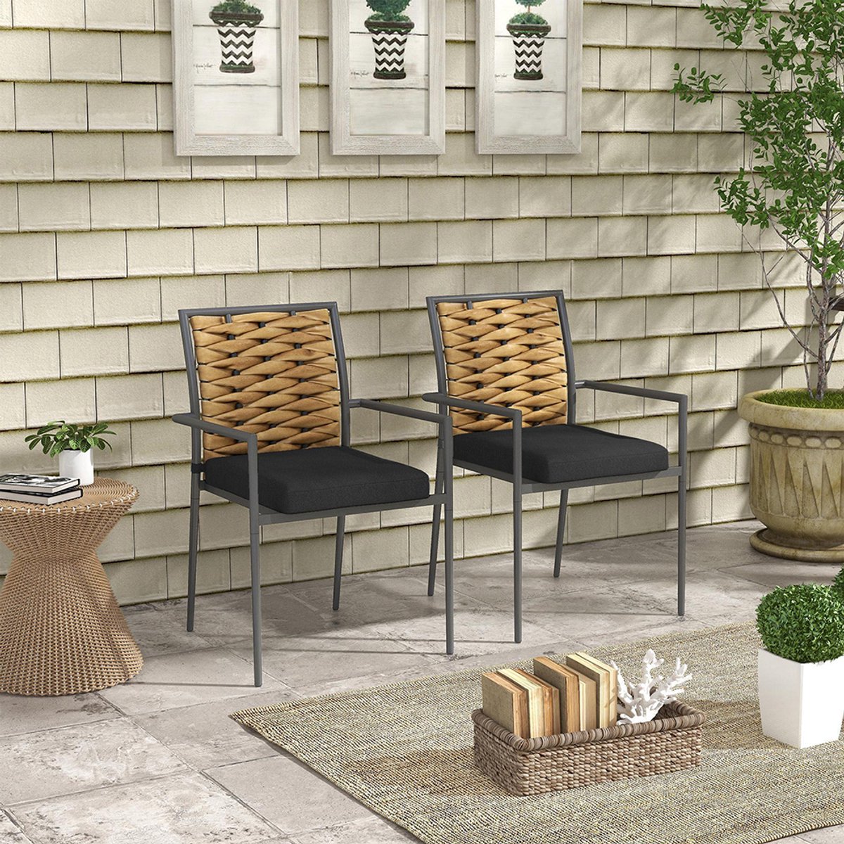 Pugsdrly Tuinstoelen, outdoostoelen, terrasstoelen, weerbestendig, modern design, 57 x 58 x 87 cm, bruin+zwart+grijs