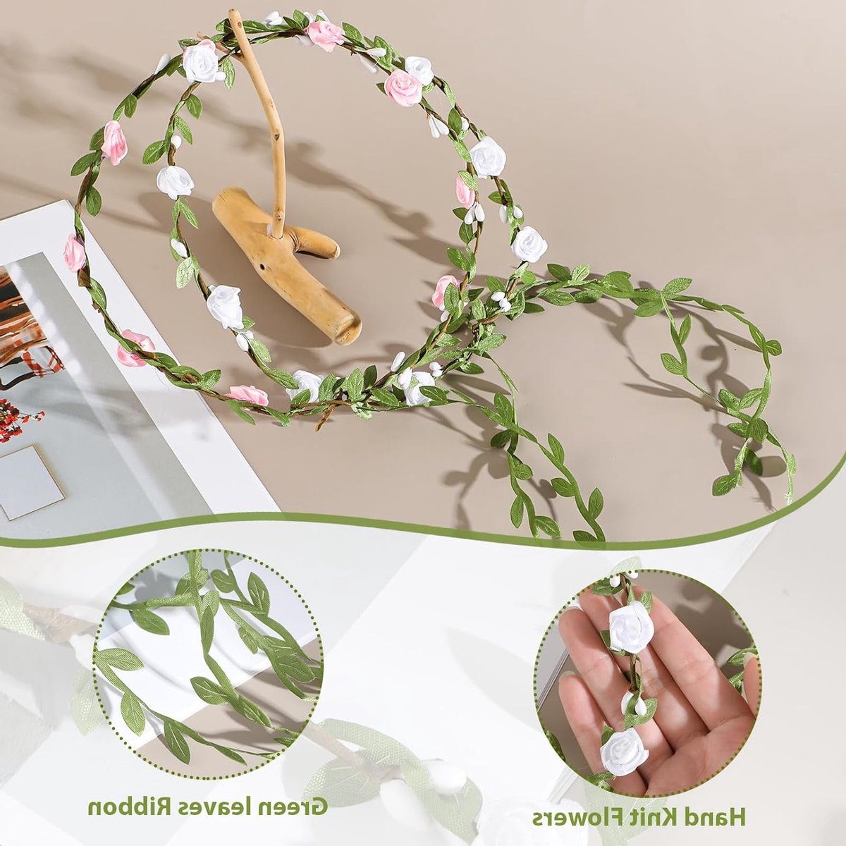 Bloemenkrans Hoofdband Set van 2, Handgemaakte Bohemian Stijl Haaraccessoires voor Bruiloften, Feestjes en Festivals in Roze en Wit