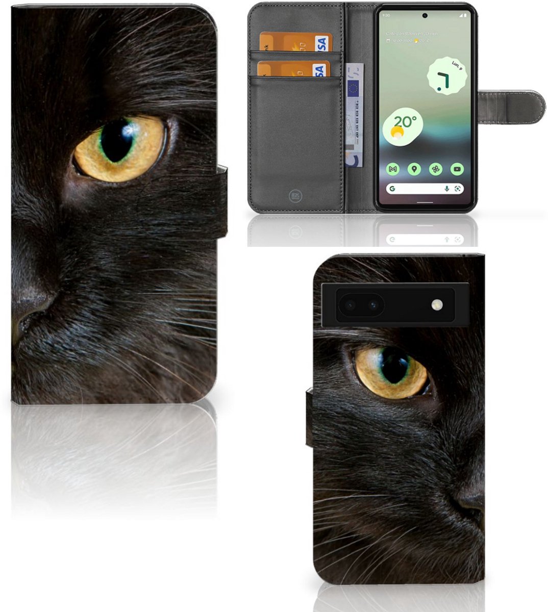 Google Pixel 6A Telefoonhoesje met Pasjes Zwarte Kat