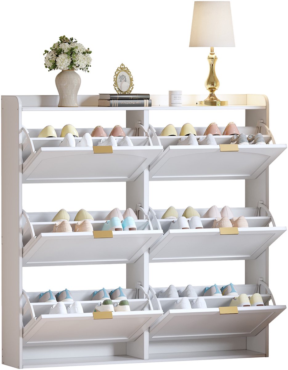 YYchan Schoenenrek - Schoenenkast en Schoenenrek met 6 Kleppen - Anti-kantel - 120 x 23 x 118 cm - Wit
