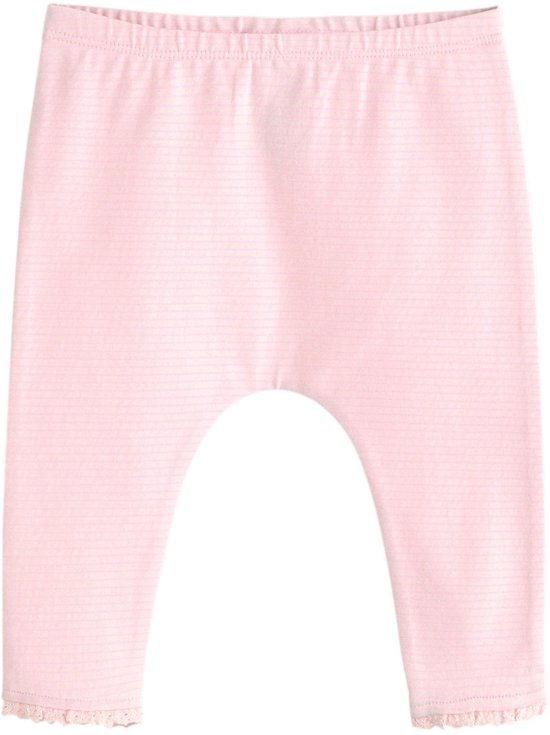 Legging in zachtroze met fijne roze strepen en kanten randjes.