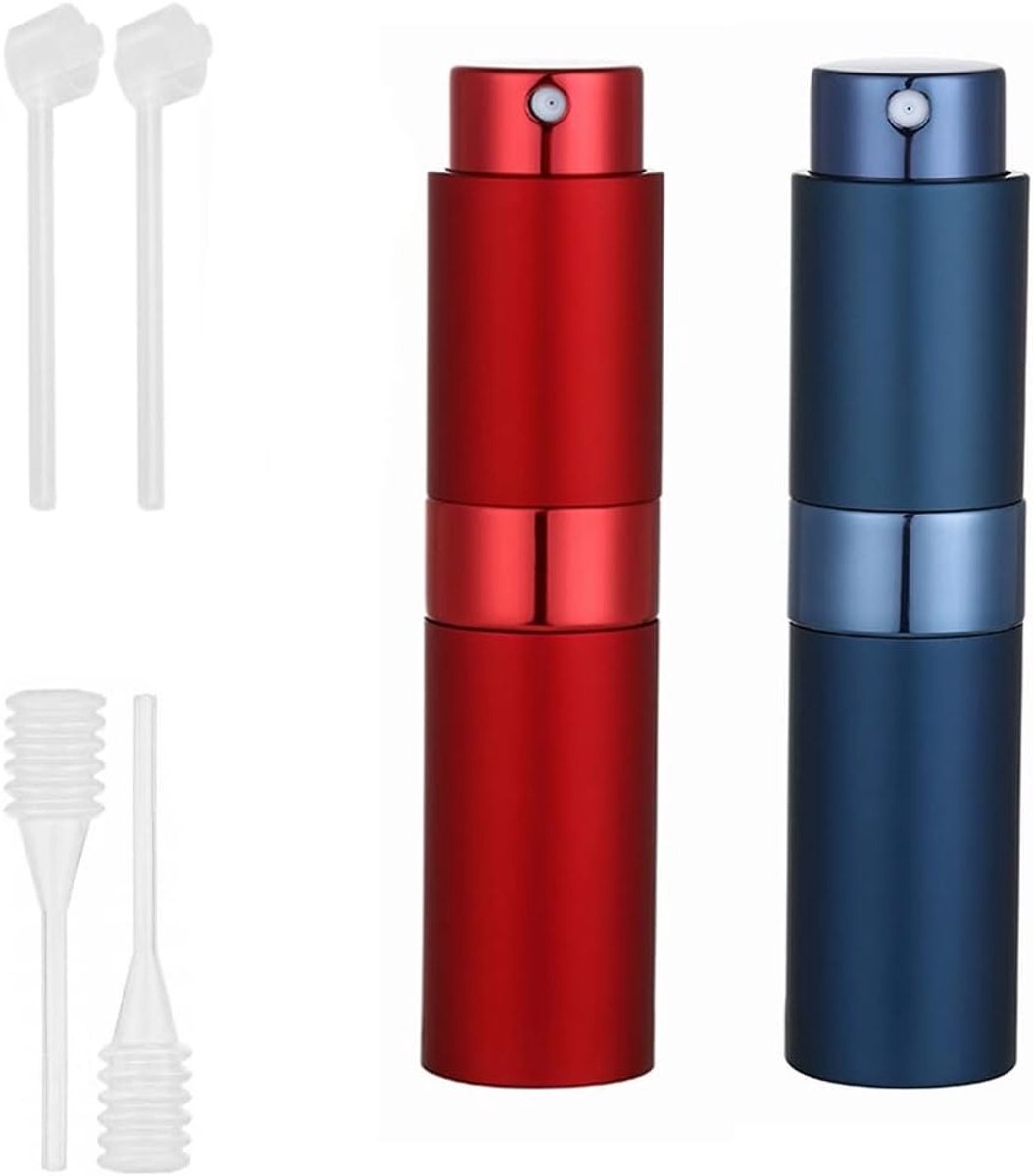 Set van 2 Herbruikbare Parfum Spray Flacons van 10 ml voor Reizen, Atomiser en Geurverstuiver in Rood en Blauw