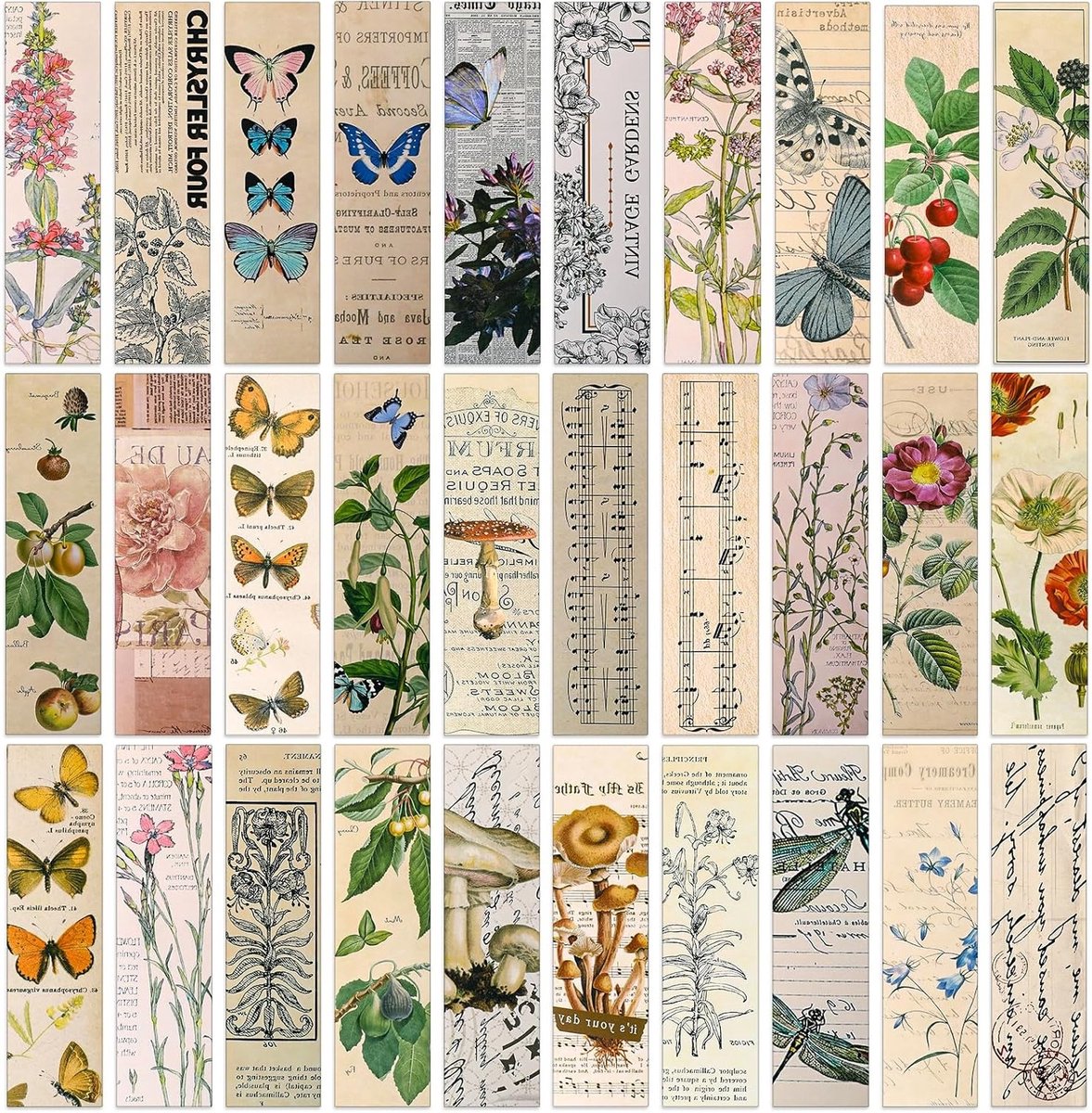 Vintage Aesthetic Boekenleggers - 30 Stuks Elegante Patronen met Vlinders en Bloemen, Perfecte Boekenaccessoires voor Boekenliefhebbers en Lezers