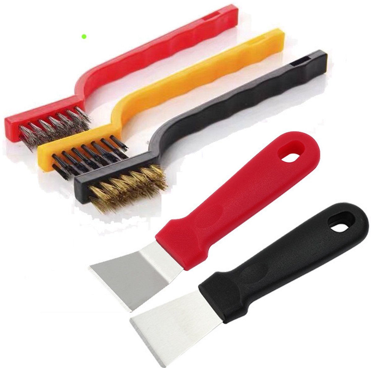 Een set van 5 krasbestendige ovenschrapers, geschikt voor het schoonmaken van ovens, koelkasten, kookplaten en inductiekookplaten.